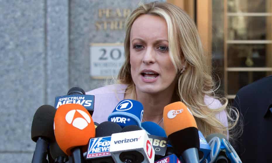 Stormy Daniels speaks outside federal court in New York on 16 April 2018. 