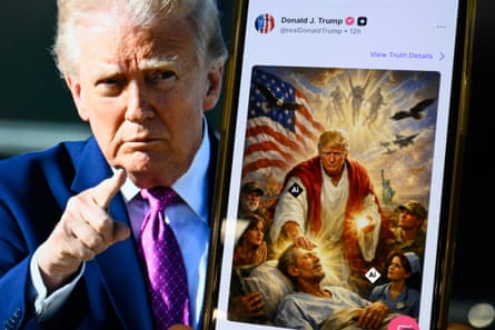 trump in suit pointing finger overlayed with photo of phone showing AI-generated image of trump as a healer