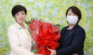 Tokyo governor Yuriko Koike receives a flower bouquet after winning the Tokyo gubernatorial election in Tokyo, Japan, 5 July 2020.