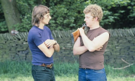 Barry Hines, left, in 1980 during the making of Ken Loach’s film version of his book The Gamekeeper, with Phil Askham, right, as the title character.