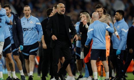 Pep Guardiola during Manchester City’s celebrations after beating Real Madrid.