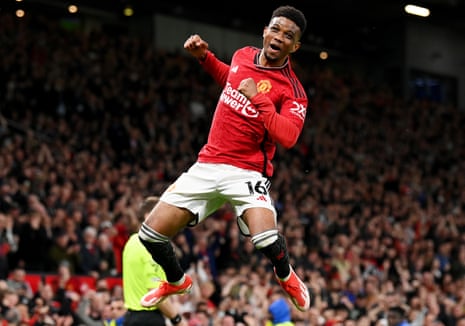 Amad Diallo of Manchester United celebrates scoring his team's second goal during the Premier League match against Newcastle United.