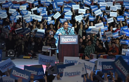 Cullors speaks at a Bernie Sanders 2020 presidential campaign rally in Los Angeles.