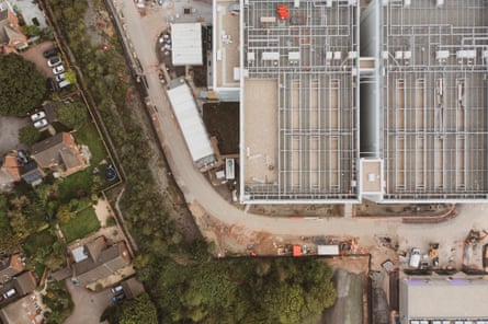 Aerial view of a Vantage datacentre, backing on to a residential area in Duffryn, Newport, South Wales