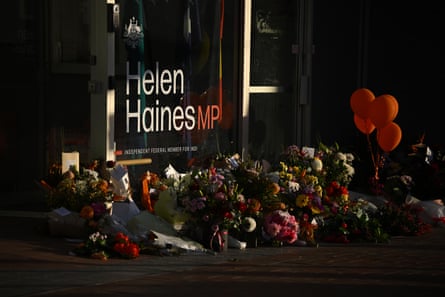 Tributes left for independent federal MP Helen Haines outside her electoral office in Wangaratta, on Wednesday.