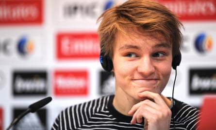 Martin Ødegaard at his unveiling by Real Madrid as a 16-year-old in January 2015.