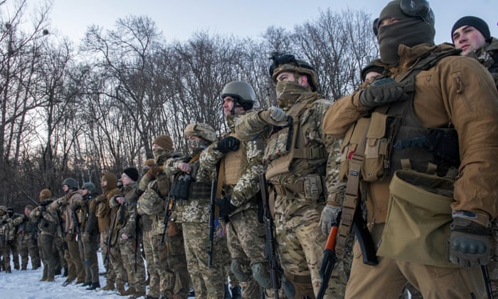 Ukrainian servicemen during a training session outside Kharkiv.