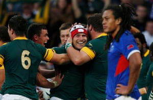 Schalk Brits celebrates scoring South Africas fourth try.