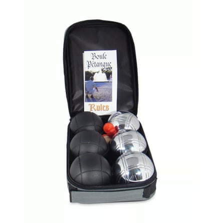Petanque set with three black balls and three silver in a carry case.