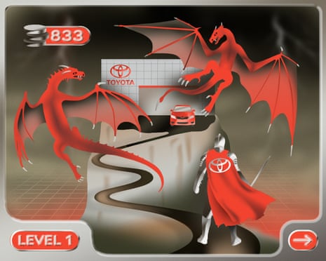 A video game–style scene showing a knight in silver armor with a red cape and a Toyota logo on the shield, standing on a winding path facing two red dragons with spread wings. A boxy Toyota dealership building with the Toyota logo sits in the background, and a red car is visible in front of it. Interface elements include a coin counter reading “833,” a button labeled “LEVEL I,” and a right-arrow button, all framed within a rounded game screen.