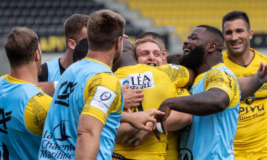 La Rochelle celebrates a try in their victory against Sale.