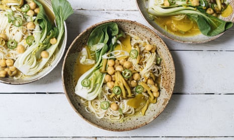Noodles in ginger turmeric broth