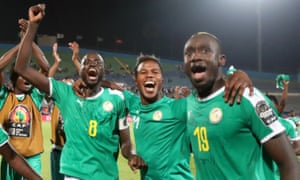 Mbaye Diagne (right) celebrates with Cheikhou Kouyaté and Keita Baldé after reaching the 2019 Africa Cup of Nations final.