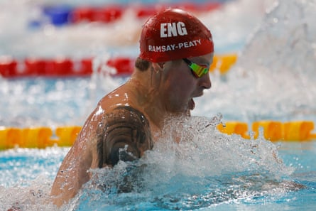 Adam Ramsay-Peaty competing in the second men’s 100m breaststroke semi-final.