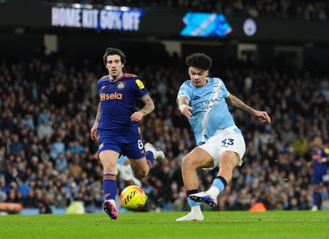 Manchester City’s Nico O’Reilly fires home a left foot shot to open the scoring against Newcastle.