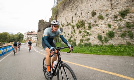 Peter Kimpton wearing Santini’s official Lombardia jersey, riding the part of the course of the Giro Di Lombardia into Bergamo on 1 October 2016.