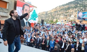 Lebanon’s prime minister, Saad Hariri, waves during an election campaign rally in the northern town of Deniyeh.
