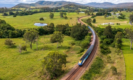 Aerial view of a train travelling through regional NSW