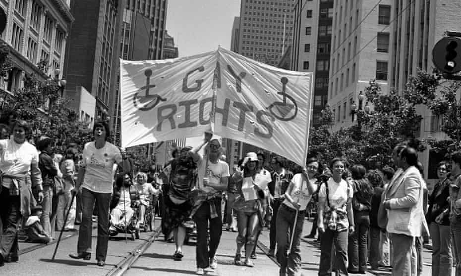 Disabled gay rights contingent at the 1977 San Francisco Gay Freedom Day Parade; photo by Marie Ueda