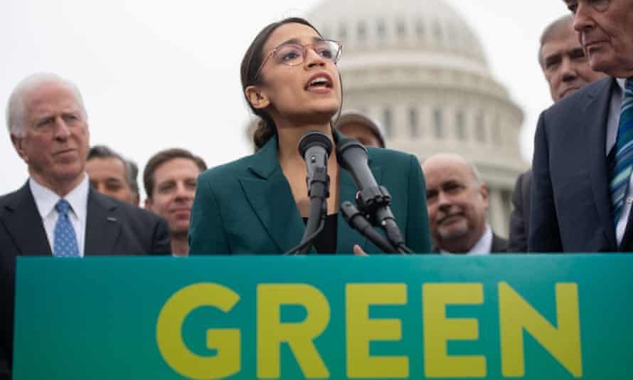 Alexandria Ocasio-Cortez calling for a Green New Deal.