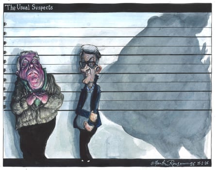 Martin Rowson on the arrests of Andrew Mountbatten-Windsor and Peter Mandelson – cartoon