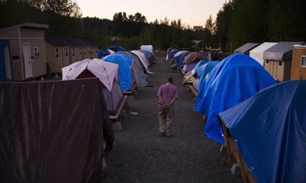 Rows of tents at Camp Second Chance, a city-sanctioned homeless encampment in Seattle.