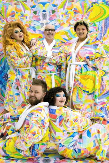 Models wearing robes made for booking.com by Australian designer Jordan Gogos, as a fundraising initiative for queer youth charity Minus18.