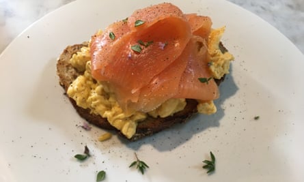 Breakfast time … smoked salmon and scrambled eggs at Five Acre Barn.