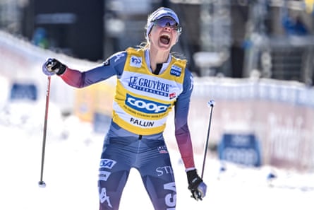 Diggins celebrates after winning the women’s 20km mass start freestyle on Sunday in Falun, Sweden, which clinched the second World Cup overall title of her career.