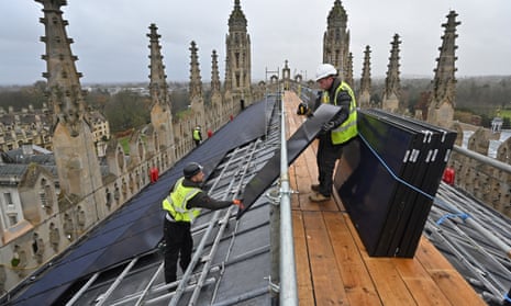 Solar panels being installed on the roof of King's College chapel in Cambridge
