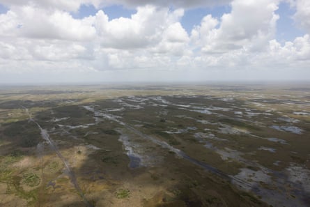An aerial view of waterlogged green wetlands under a cloudy sky.