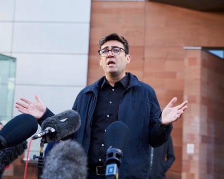 Mayor of Greater Manchester Andy Burnham speaking at a press conference outside the Bridgewater Hall in Manchester