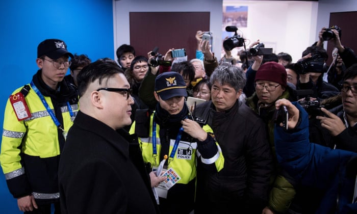 A Kim Jong Un impersonator is forced out in the final period of the women’s ice hockey match between Japan and the Unified Korean team.