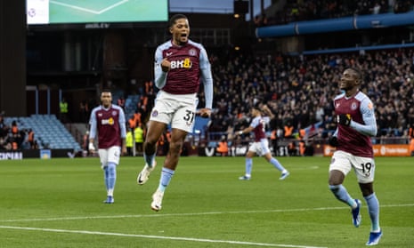 Leon Bailey of Aston Villa celebrates after scoring their team’s first goal.