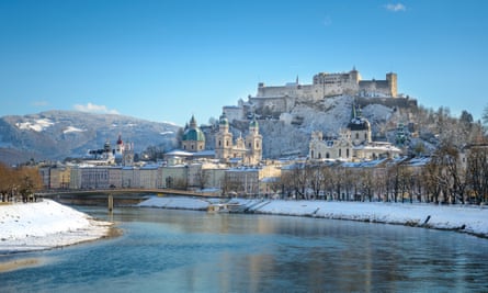 Salzburg beautiful old town in snowy winter.
