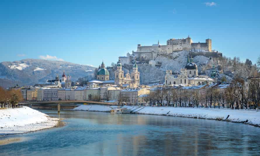 Salzburg beautiful old town in snowy winter.