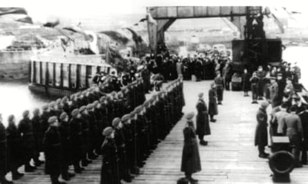 Troops on the quay at Alderney in 1945.