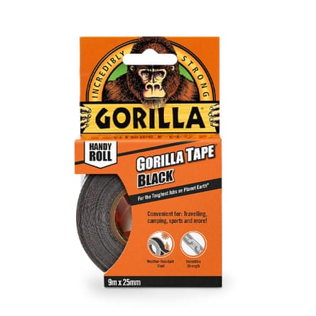 A roll of Gorilla Tape Handy Roll Black in its cardboard orange packaging.