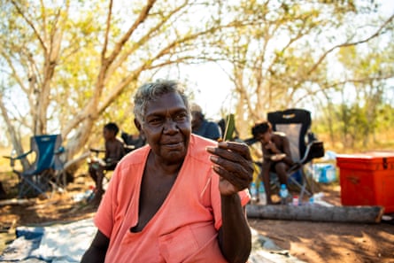 Ngarinyin woman and elder Chloe Nulgit with some of her handiwork (in progress). This string is a product of stringybark soaked overnight until it’s suitable and soft enough for peeling away fine pieces of string.