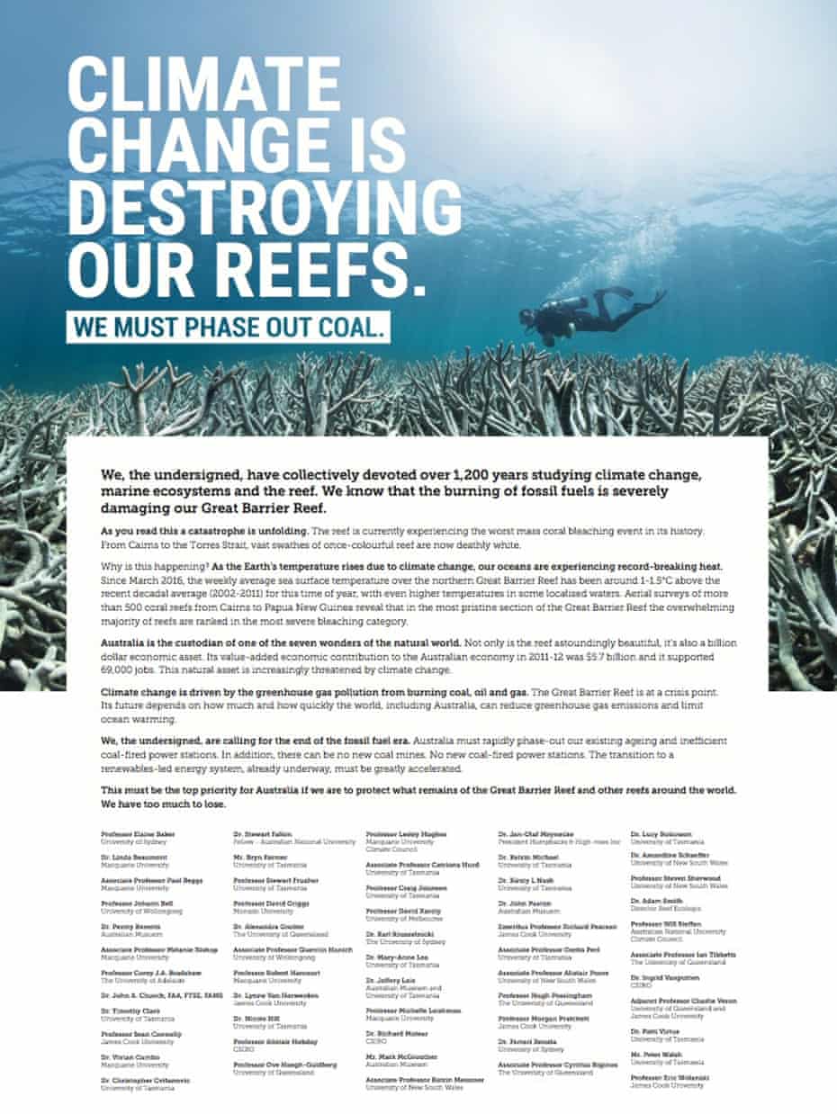 The full-page ad that is due to appear in Thursday’s Courier Mail. Scientists say they were forced to take out the ad due to the lack of coverage in Queensland’s largest newspaper.