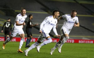 Leeds United’s Rodrigo celebrates after scoring against Manchester City.