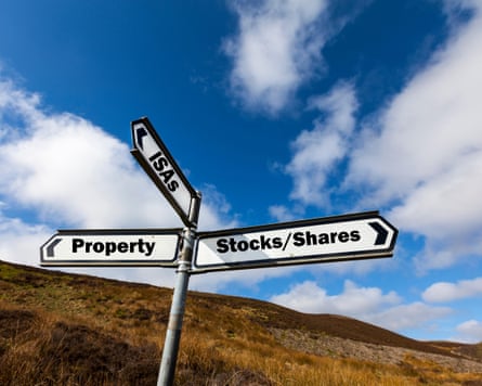 A road signpost points to Property, Stocks/Shares and ISAs