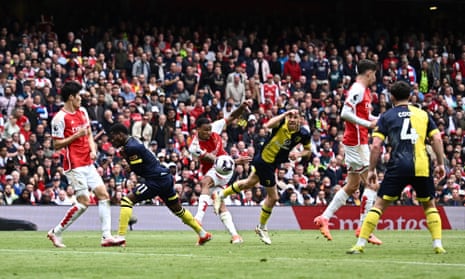 Arsenal’s Gabriel scores a goal that was later disallowed for offside against Bournemouth.