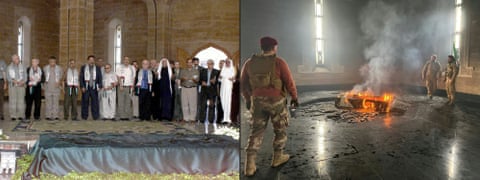 The tomb of ousted Syrian president Bashar al-Assad’s father Hafez was torched in his home town, AFP footage taken on 11 December 2024 (R) showed, with rebel fighters in fatigues and young men watching it burn.