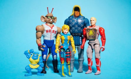 Action figures lined up against a blue background: the gargoyle from Monster in My Pocket; one of the Biker Mice from Mars; Rock-1 from the Bionic Six; one of the Supernaturals; Witterquick from Visionaries