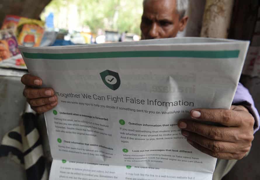 A WhatsApp newspaper ad in India warning about fake information on its service.