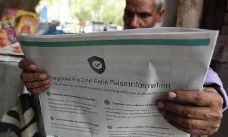 An Indian newspaper with an ad from WhatsApp trying to counter the spread of fake information.