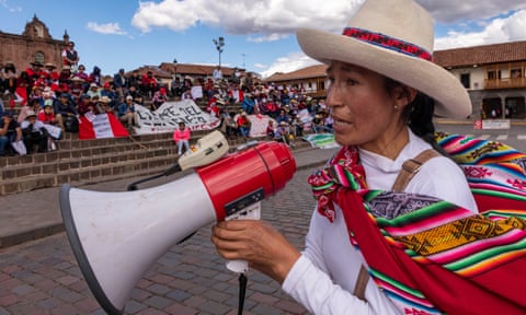 A demonstrator shouts slogans before gathering at Túpac Amaru square in Cusco, Peru.