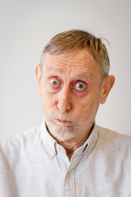 Close-up of Michael Rosen pulling a silly face with pop eyes