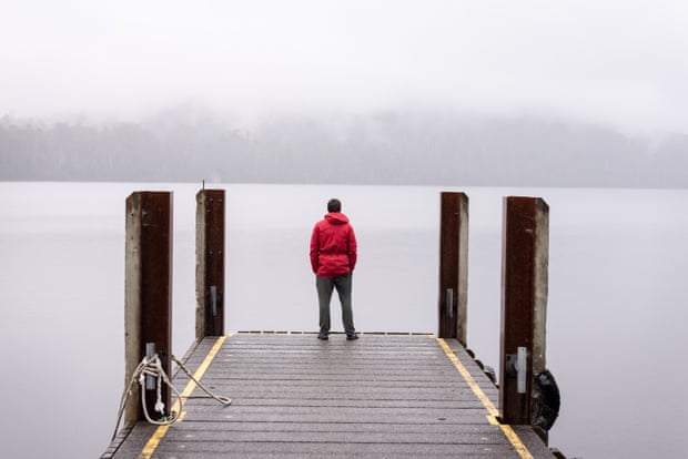 The ferry dock at Lake St Clair, in Tasmania, on a misty day.